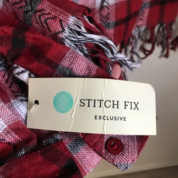 NWT Olive+Oak Women’s Boho Flannel & Plaid Fringe Button Down Cotton Top - Picture 9 of 15